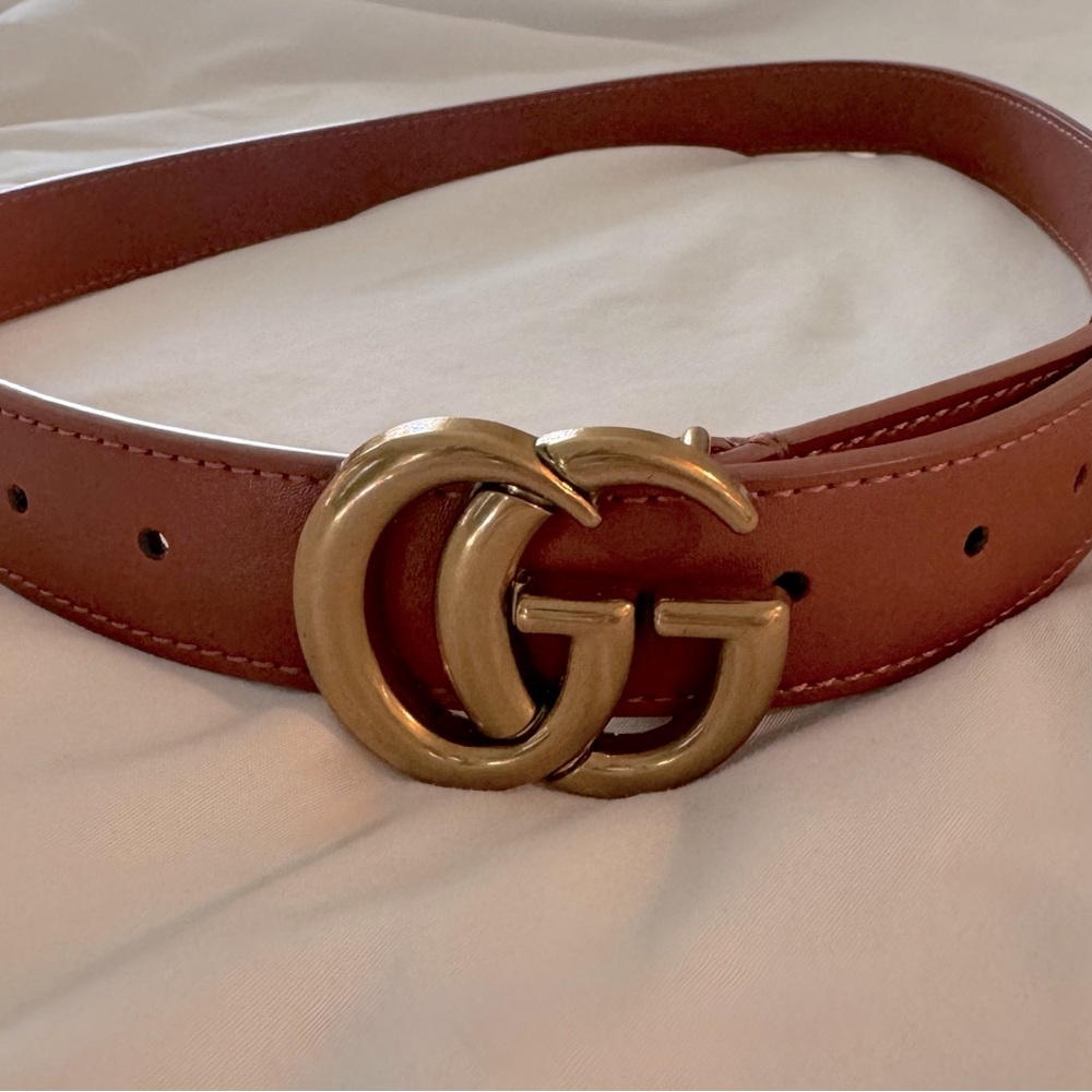 GG buckle belt — designer inspired. Cognac brown belt with gold buckle.